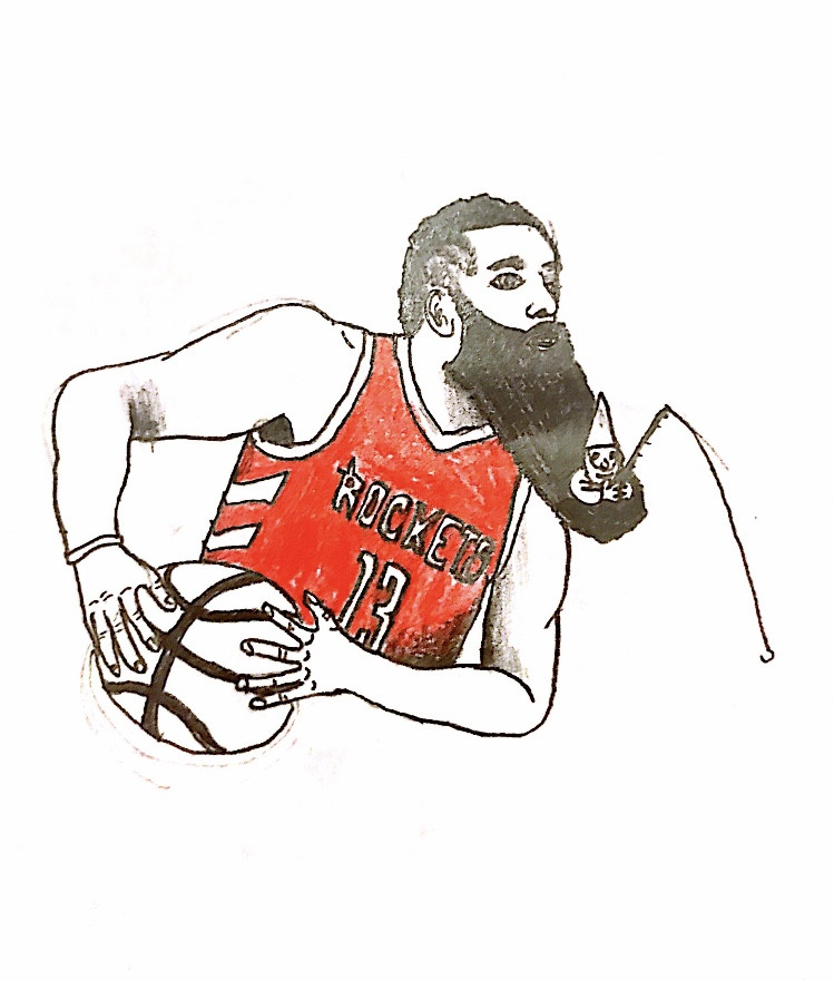 Drawing of James Harden, basketball player, with a fishing gnome in his beard.