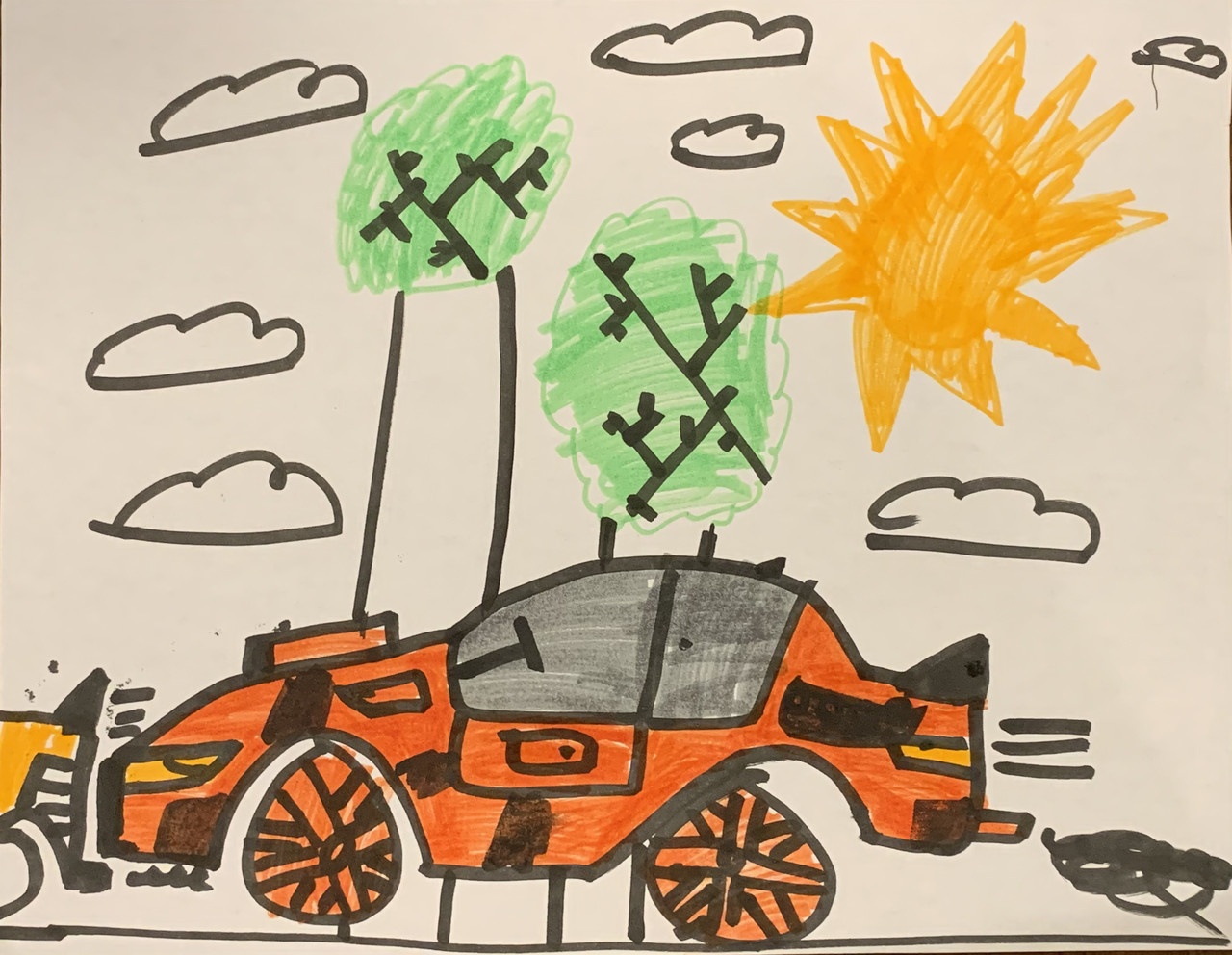Drawing of an orange sports car in front of 2 green trees and a yellow sun.