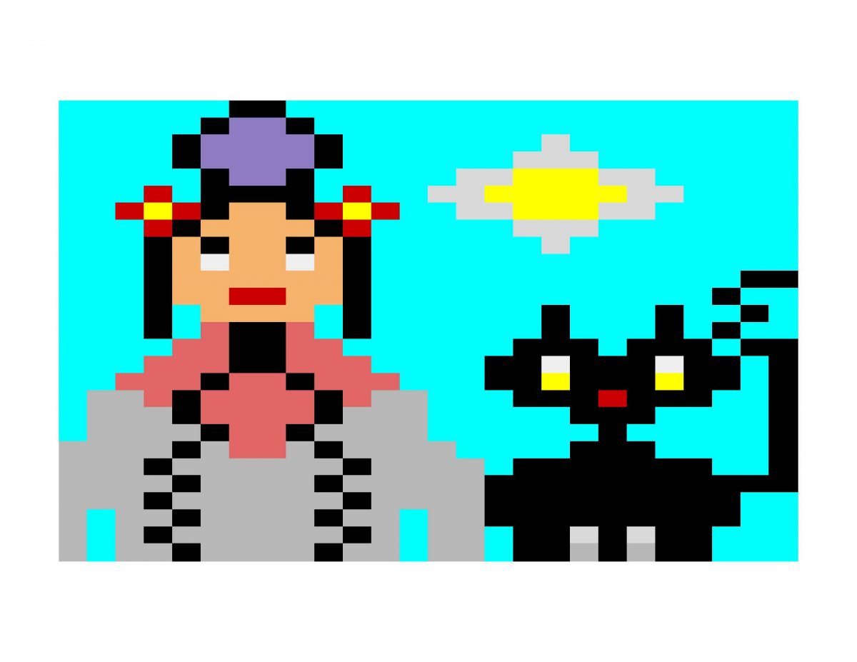 A pixel drawing of frida kahlo with a black cat