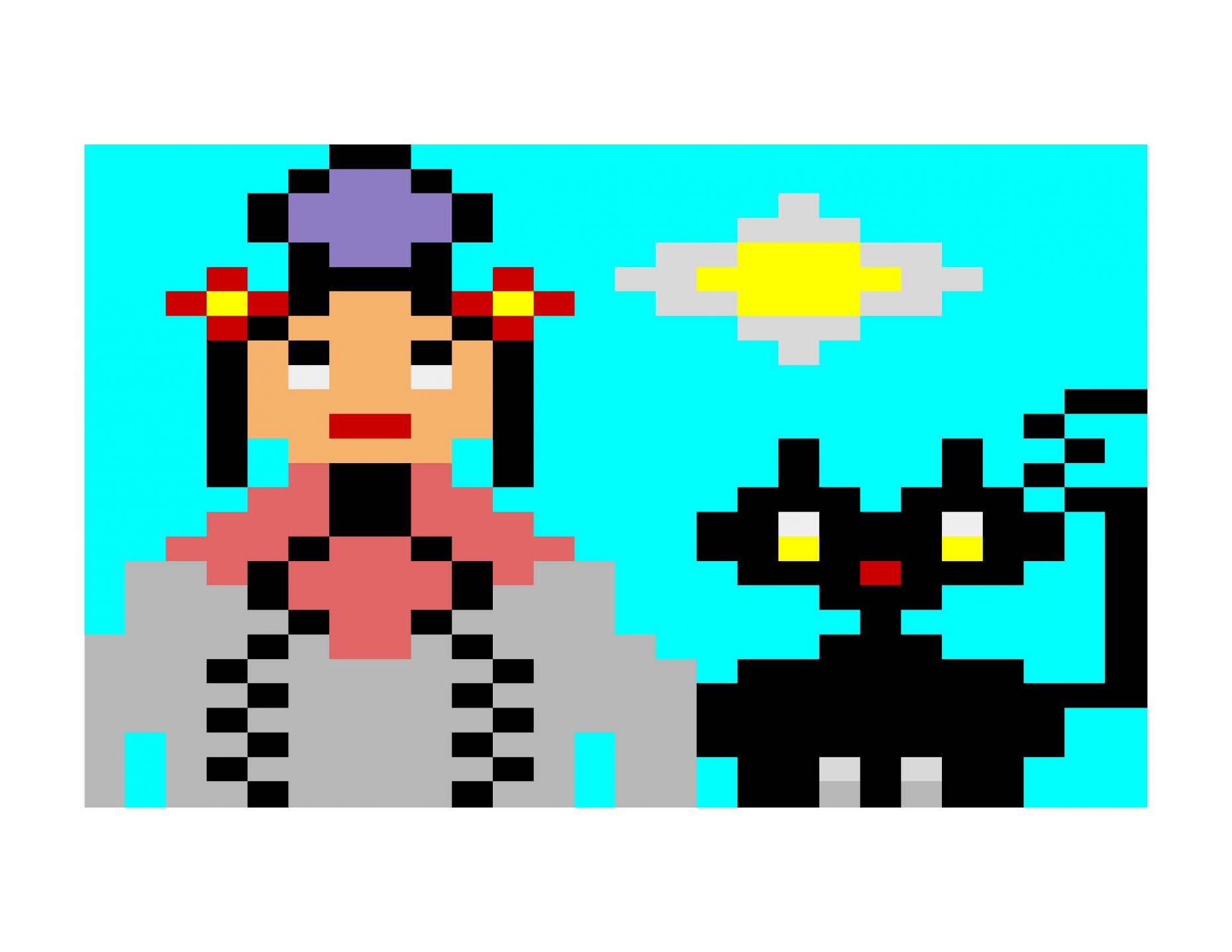 A pixel drawing of frida kahlo with a black cat