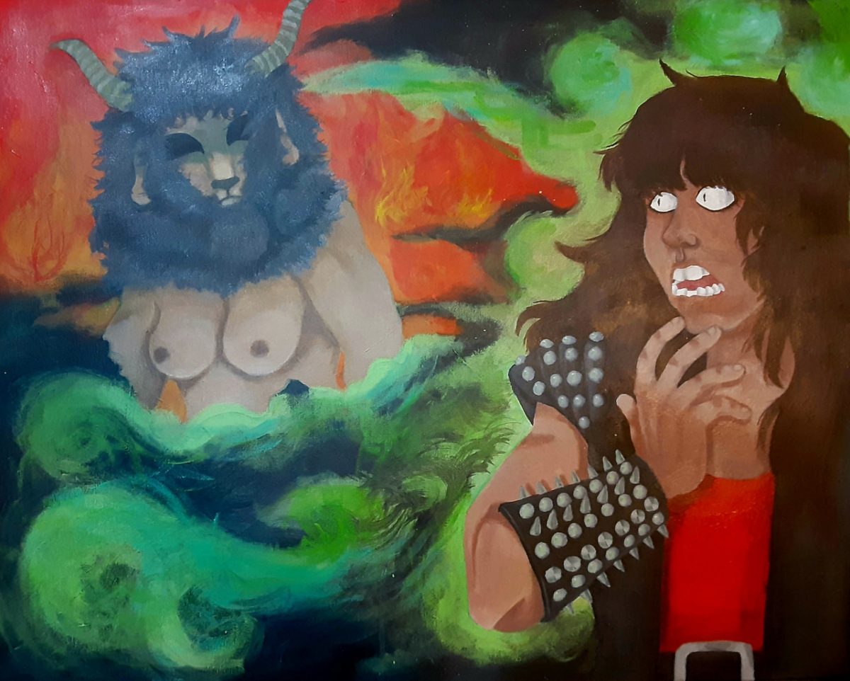 A painting of a man looking surprised and a mythical half man half beast creature.