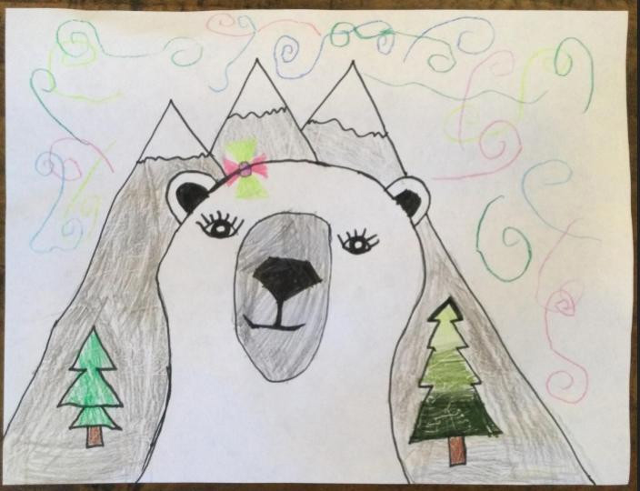 Drawing of a polar bear with mountains in the background
