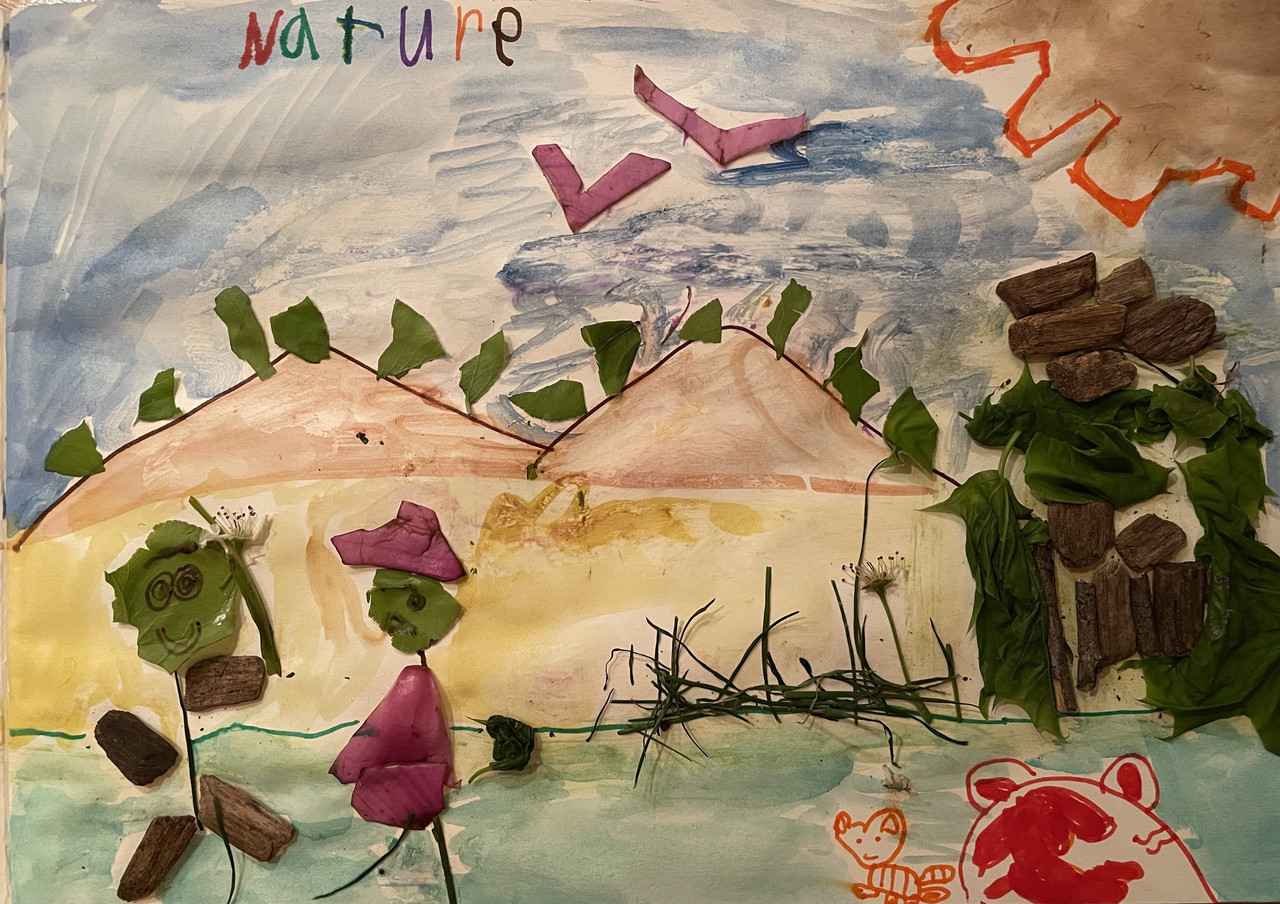 Painting of a mountain with leaves and petals making up the people and trees in the foreground