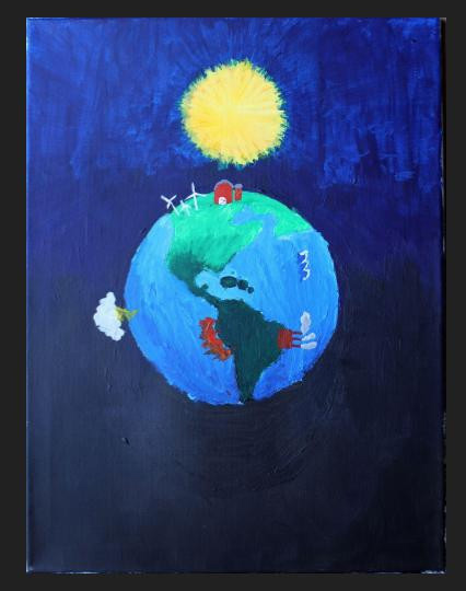 Painting of the earth with a house on top and the sun in the top middle