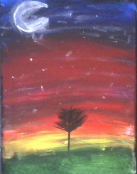 Painting of a tree in front of a colorful sunset
