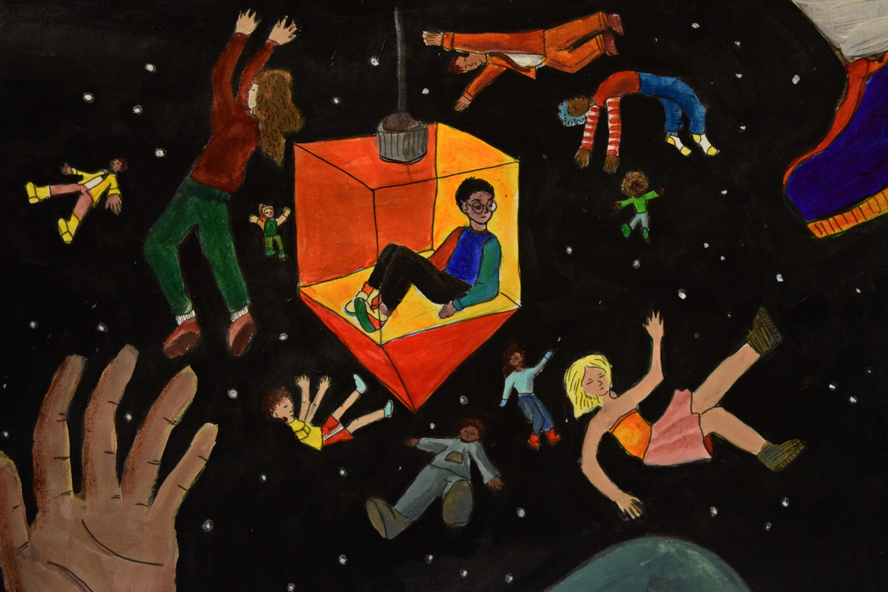 A bunch of figures floating on a black background and in a cube