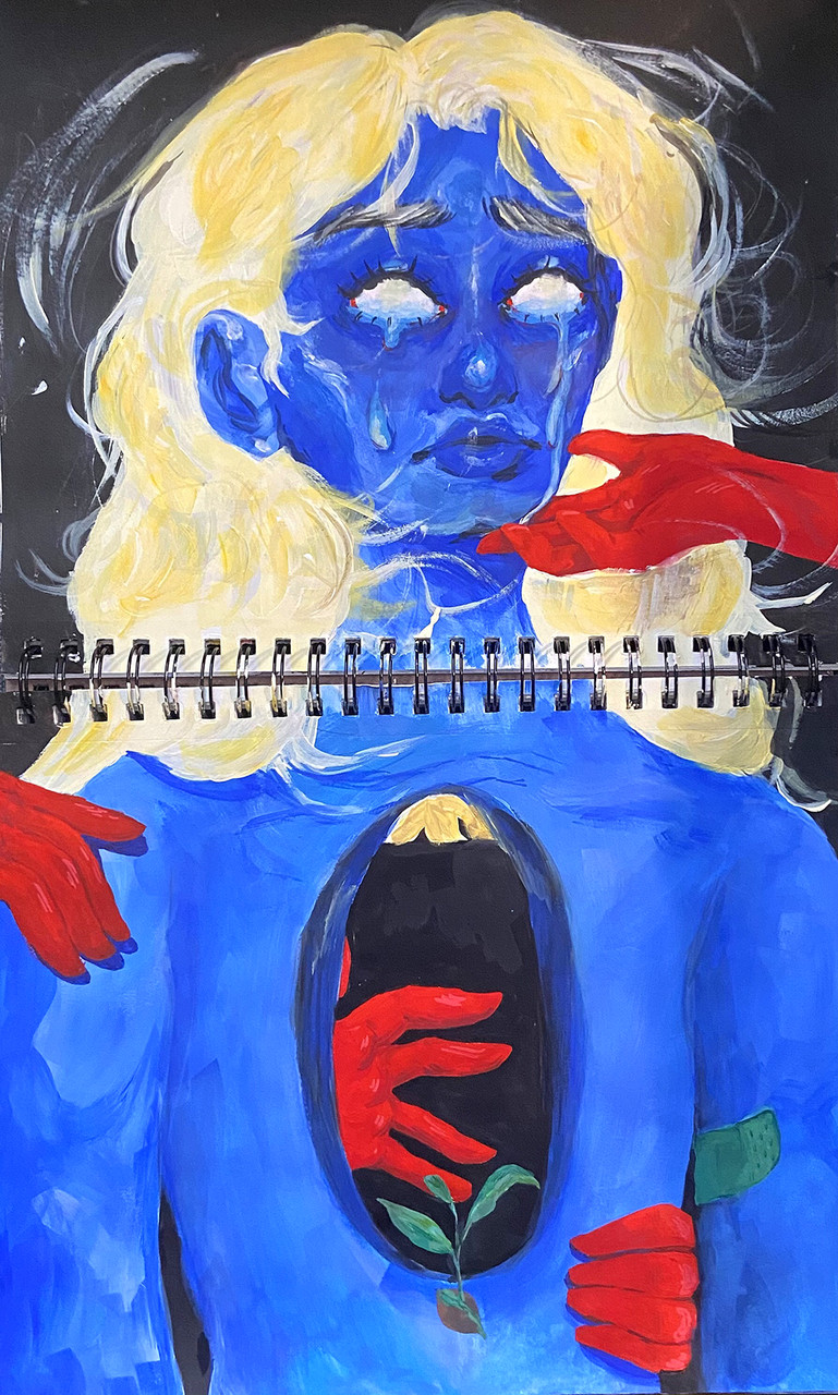 Painting of blue girl with blond hair and a hole in her chest