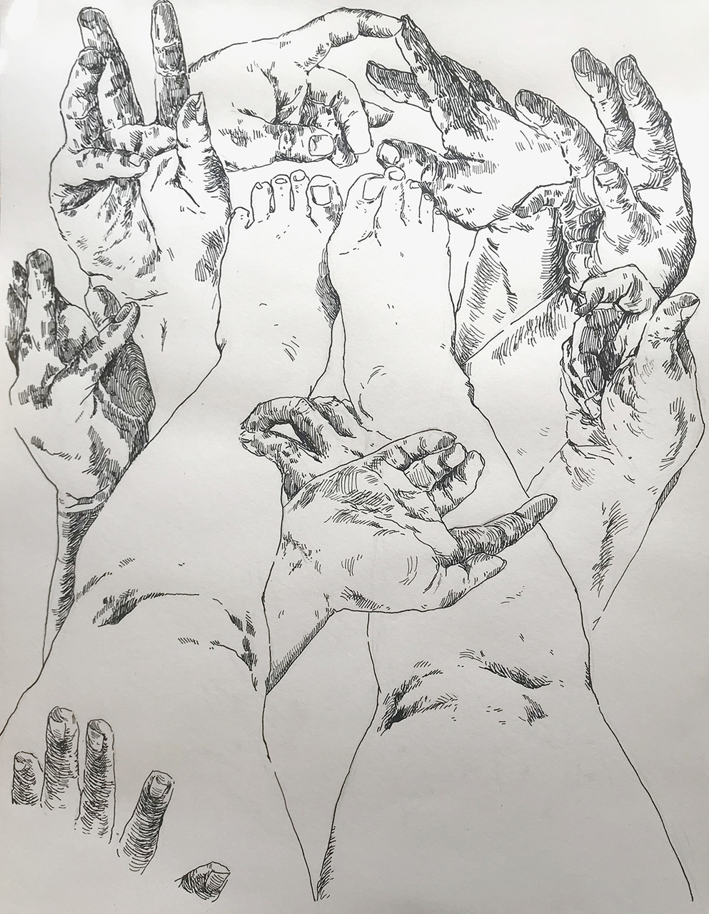 Black and white ink drawing of legs and a bunch of hands