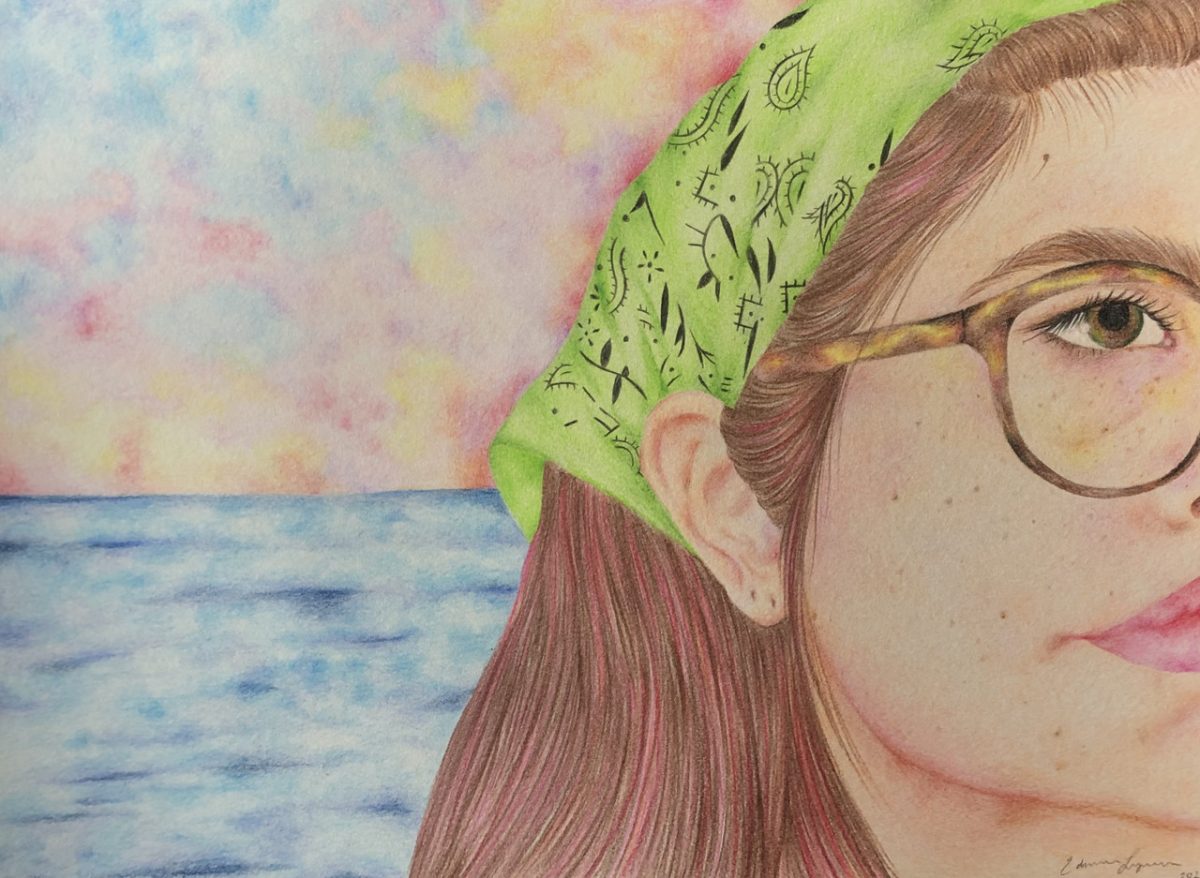 Watercolor of 1/2 of a person's face in front of waterfront