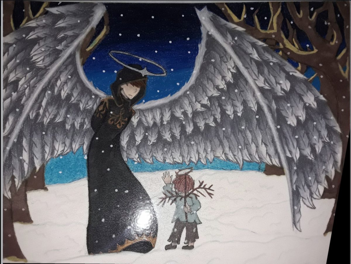 Drawing of a woman with wings standing next to a child