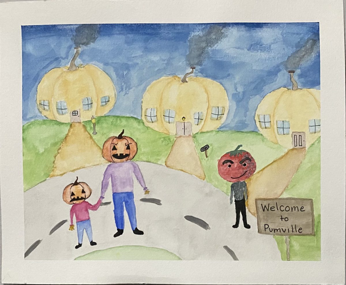 Painting of pumpkin people in front of pumpkin houses