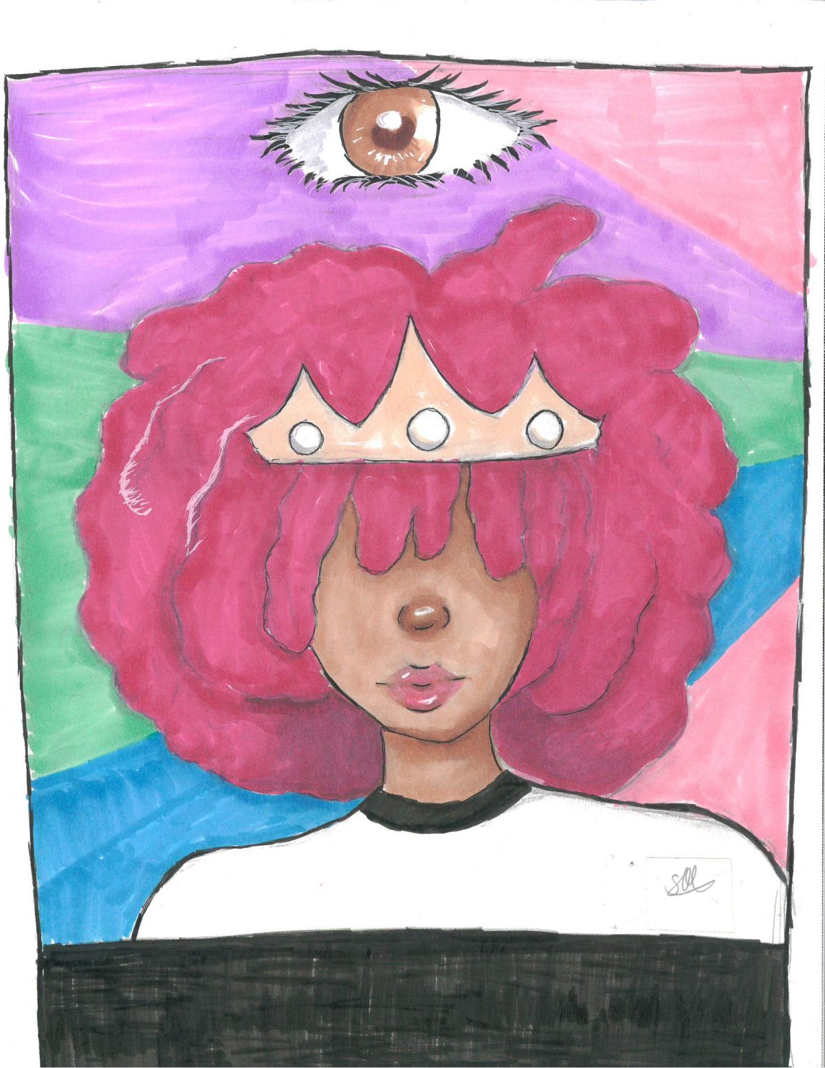A portrait of a girl with big, pink hair and a crown with an eye above her head