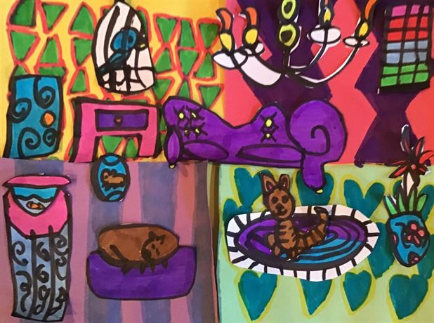 Colorful drawing of animals and patterns