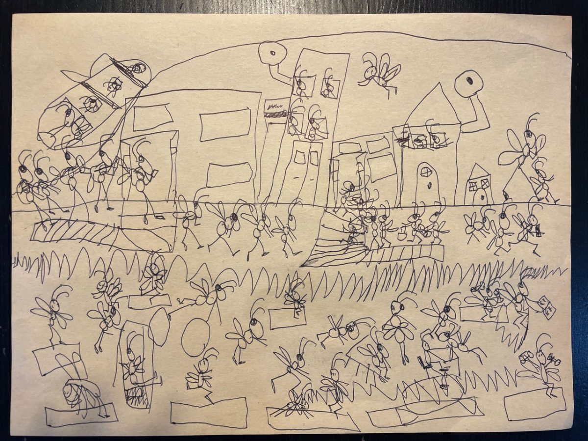 An ink drawing of lots of bees and some buildings