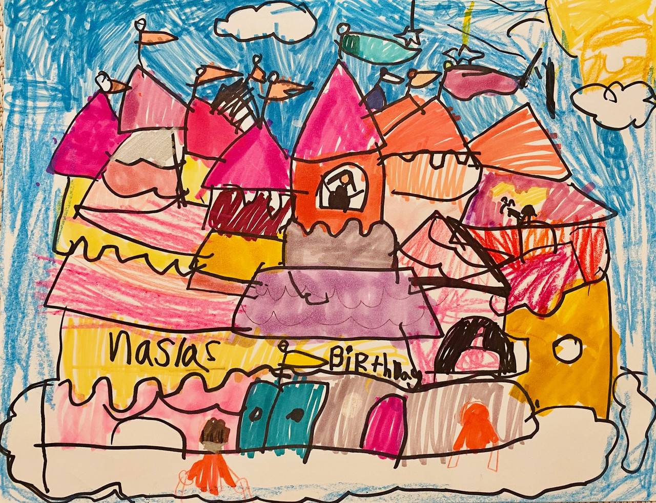 Drawing of a castle on a cloud.