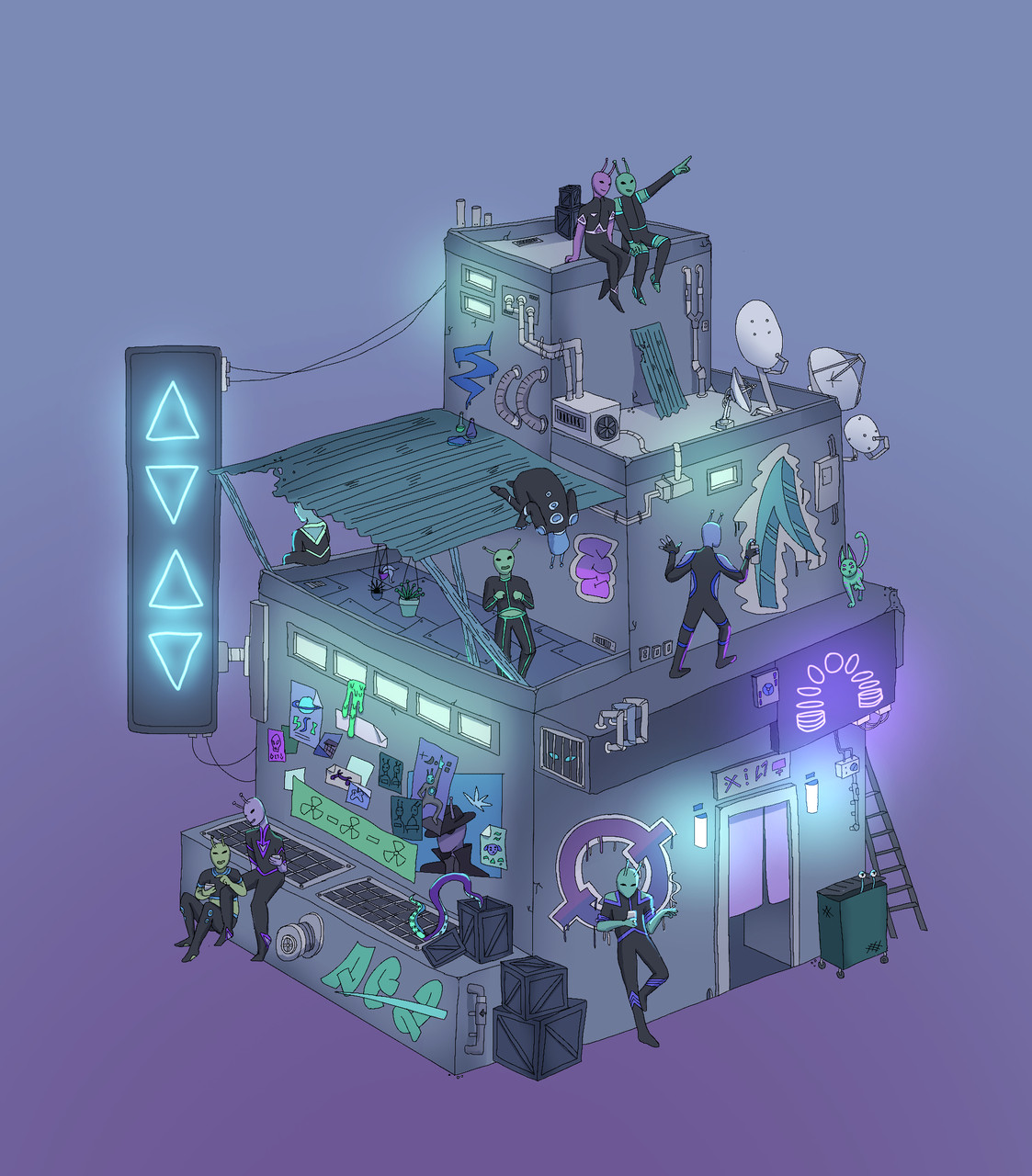 A blue and purple illustration of a floating building with lights