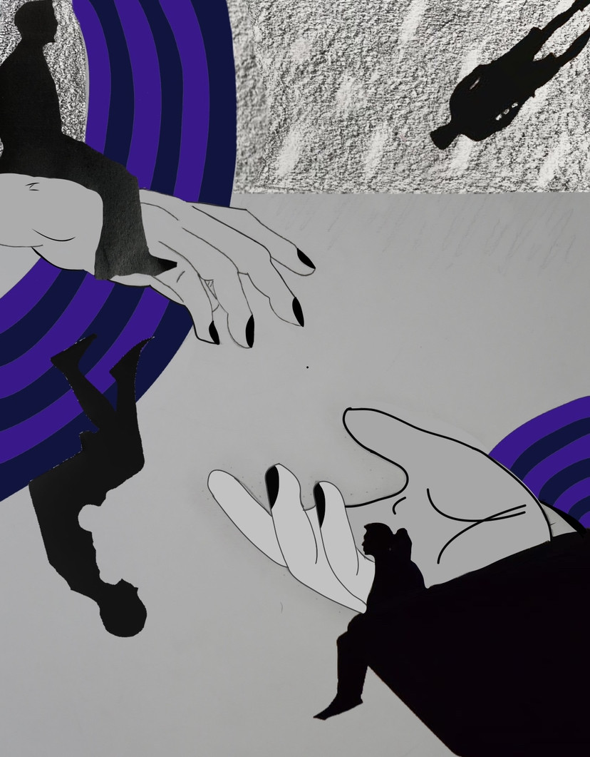 Digital drawing of 2 hands reaching for each other on a gray background.