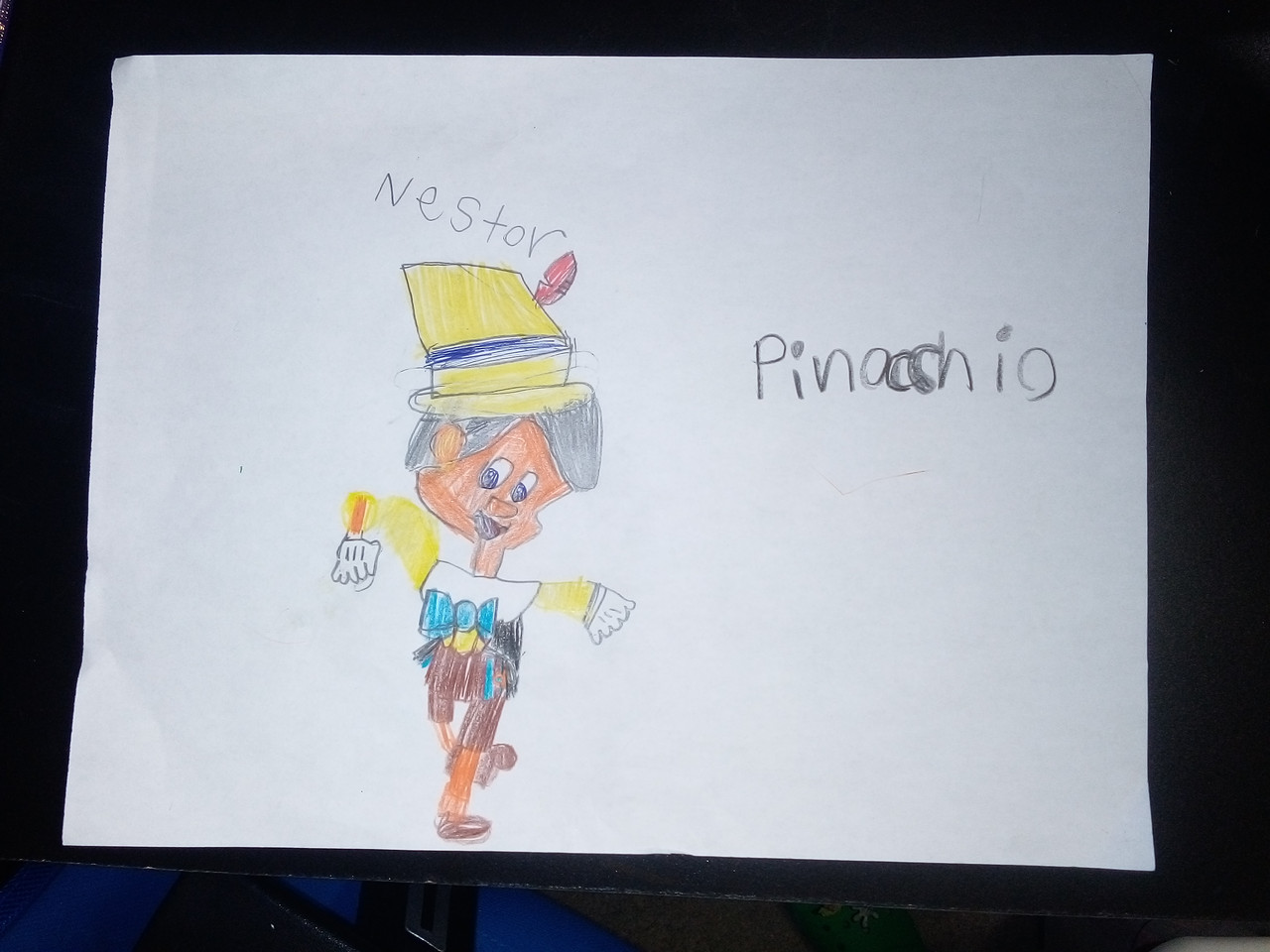 Drawing of Pinocchio in colored pencil.