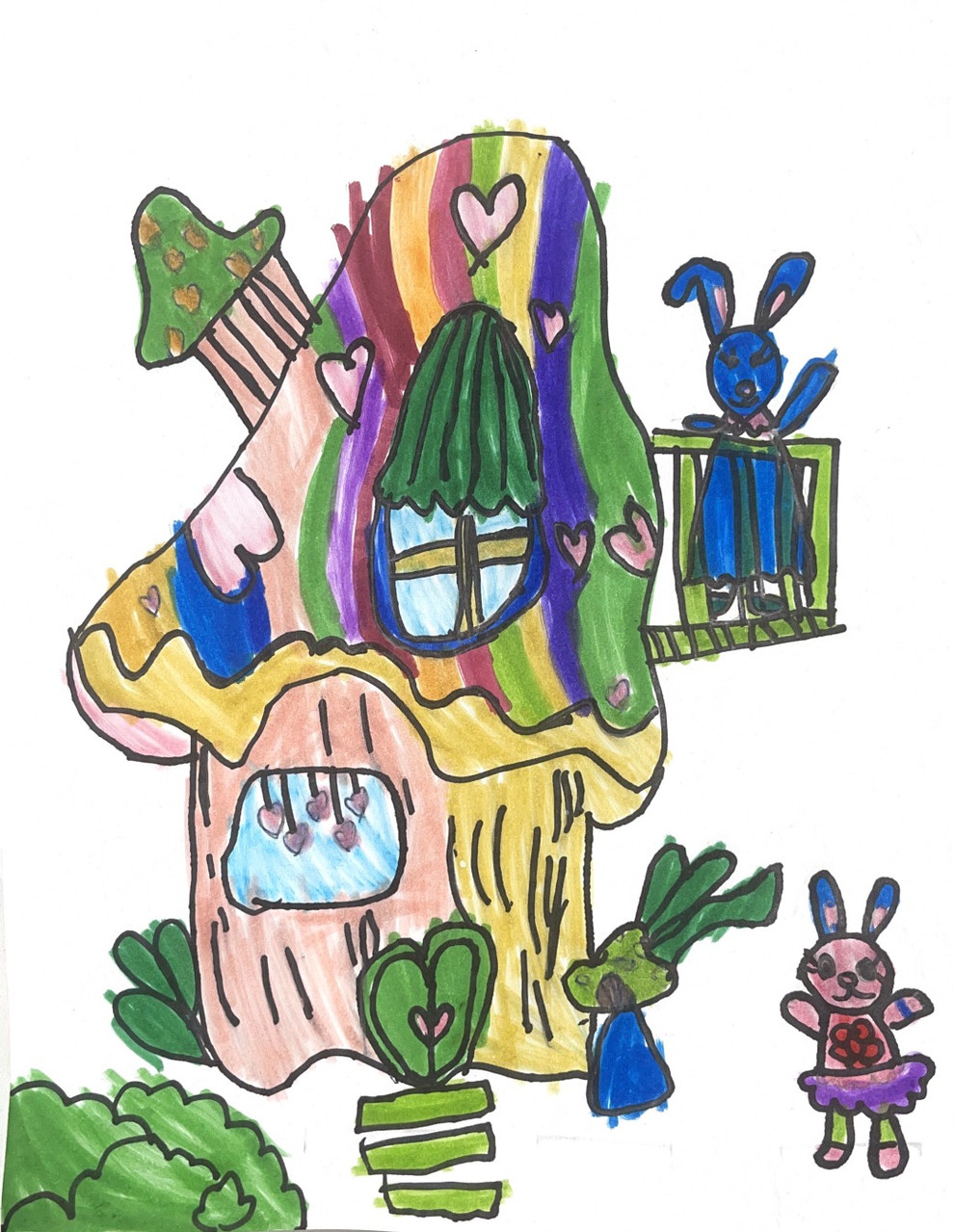 Drawing of a mushroom house with a rabbit on a balcony waving at another rabbit on the ground