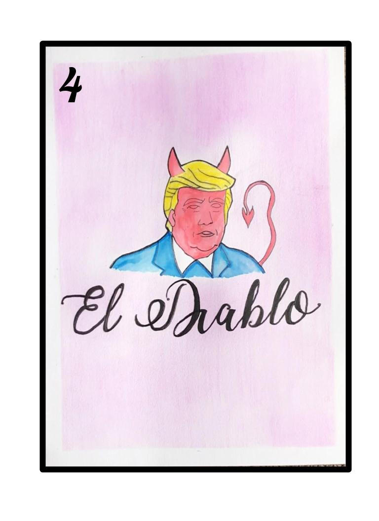 A painting of Donald Trump with devil horns and a tail with the word El Diablo written underneath