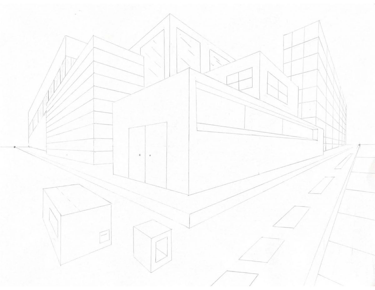 A line drawing of a building in two point perspective