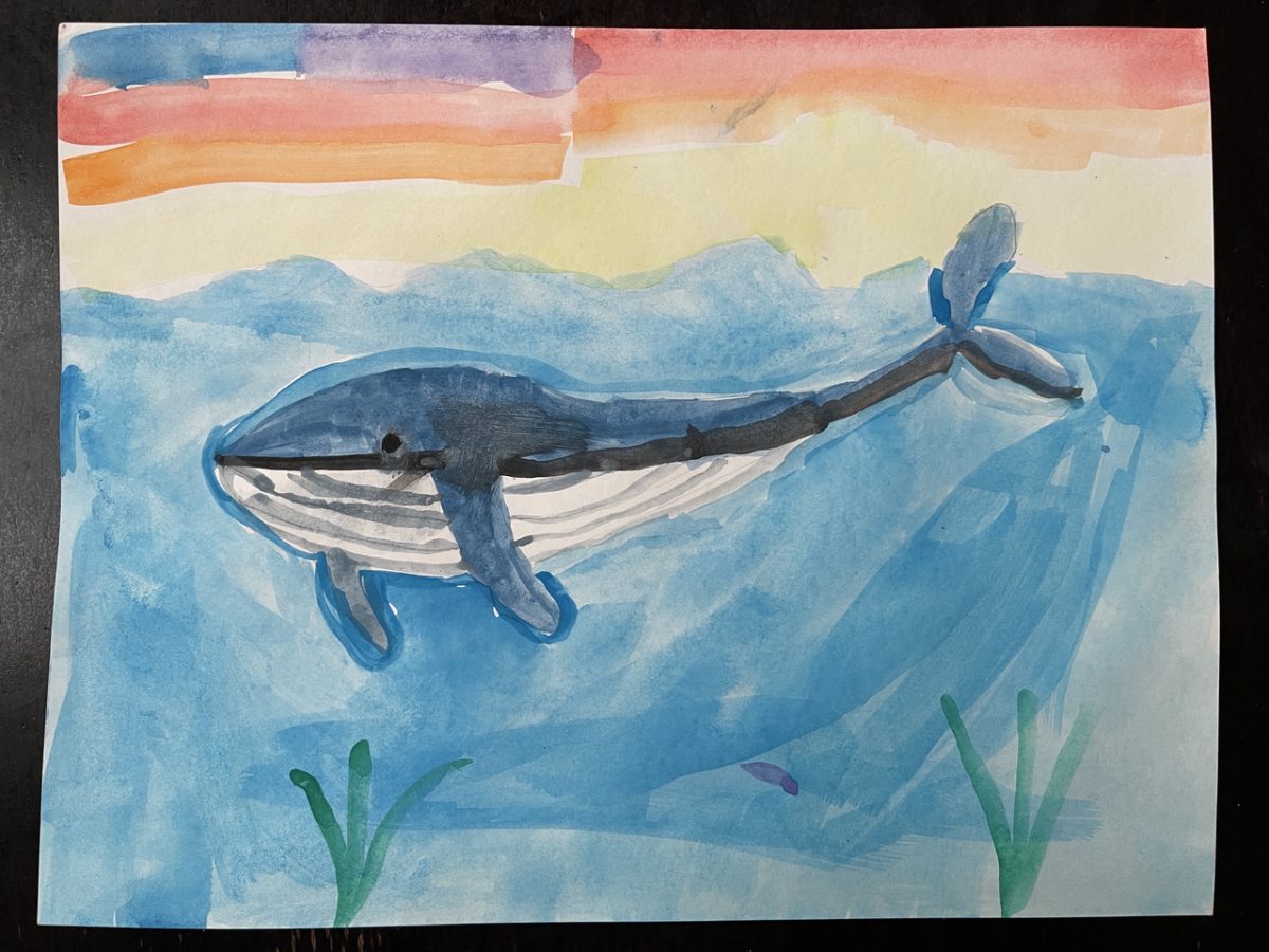 A painting of a whale in water with a sunset sky