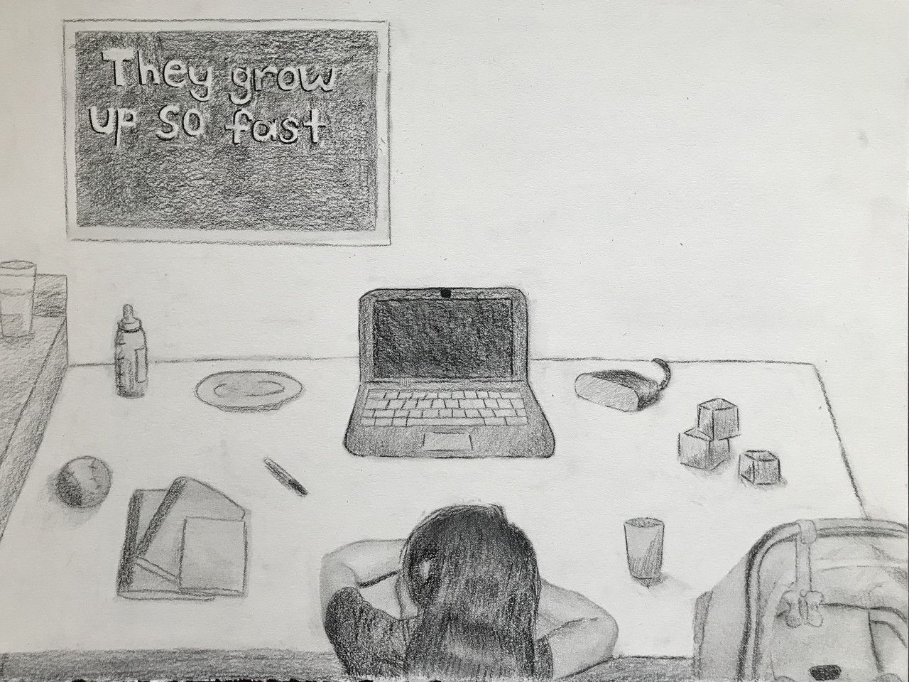 Graphite drawing of a girl sitting at her desk