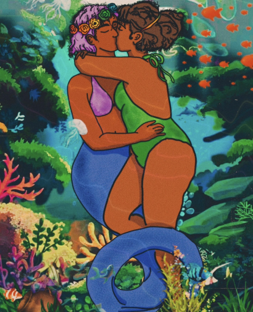Digital drawing of two women kissing