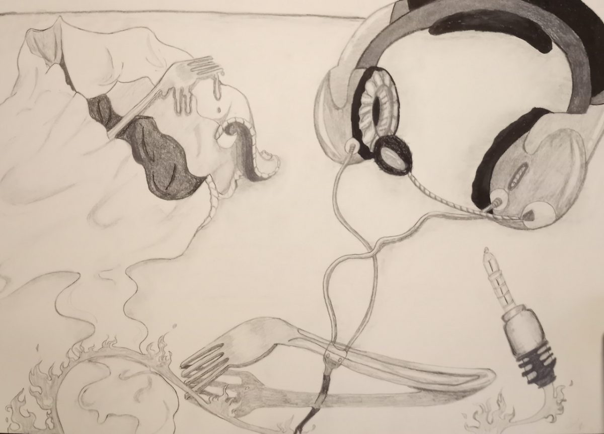 Graphite still life drawing of various objects