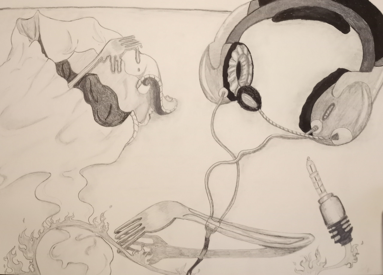 Graphite still life drawing of various objects