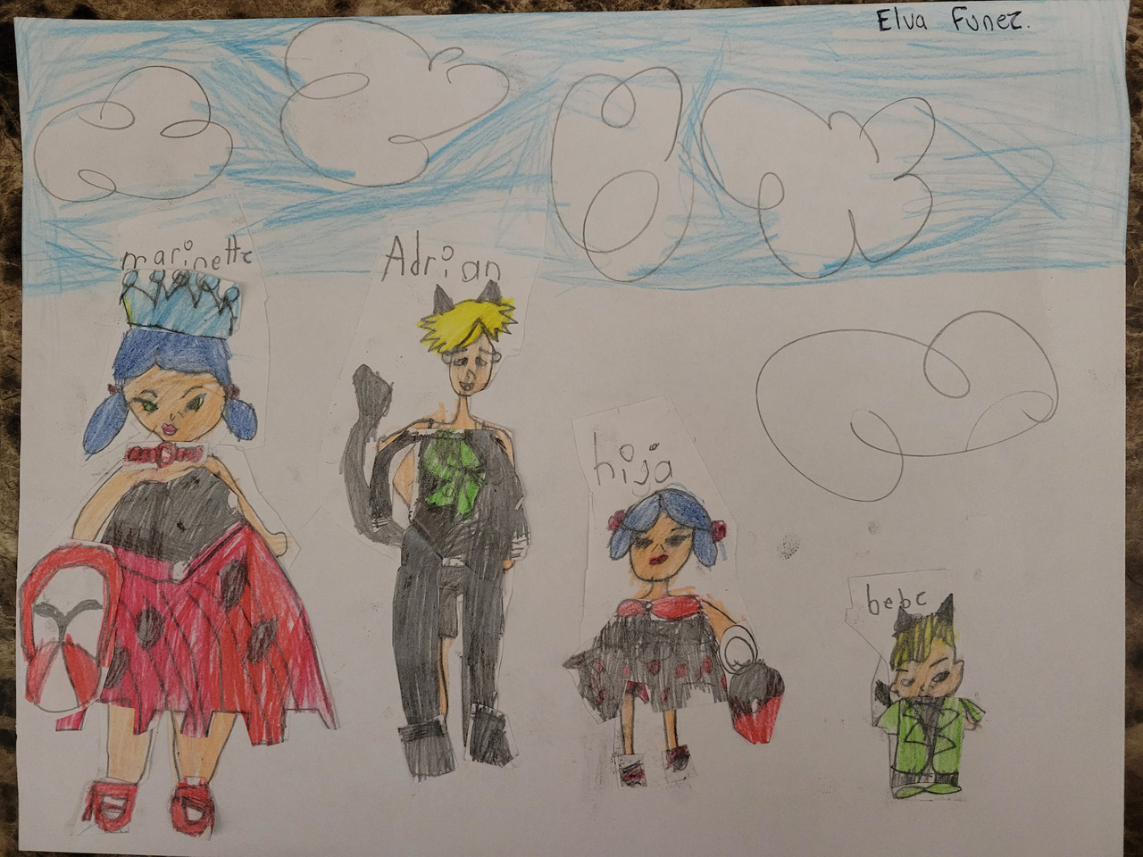 A drawing of four people standing under a blue sky with clouds