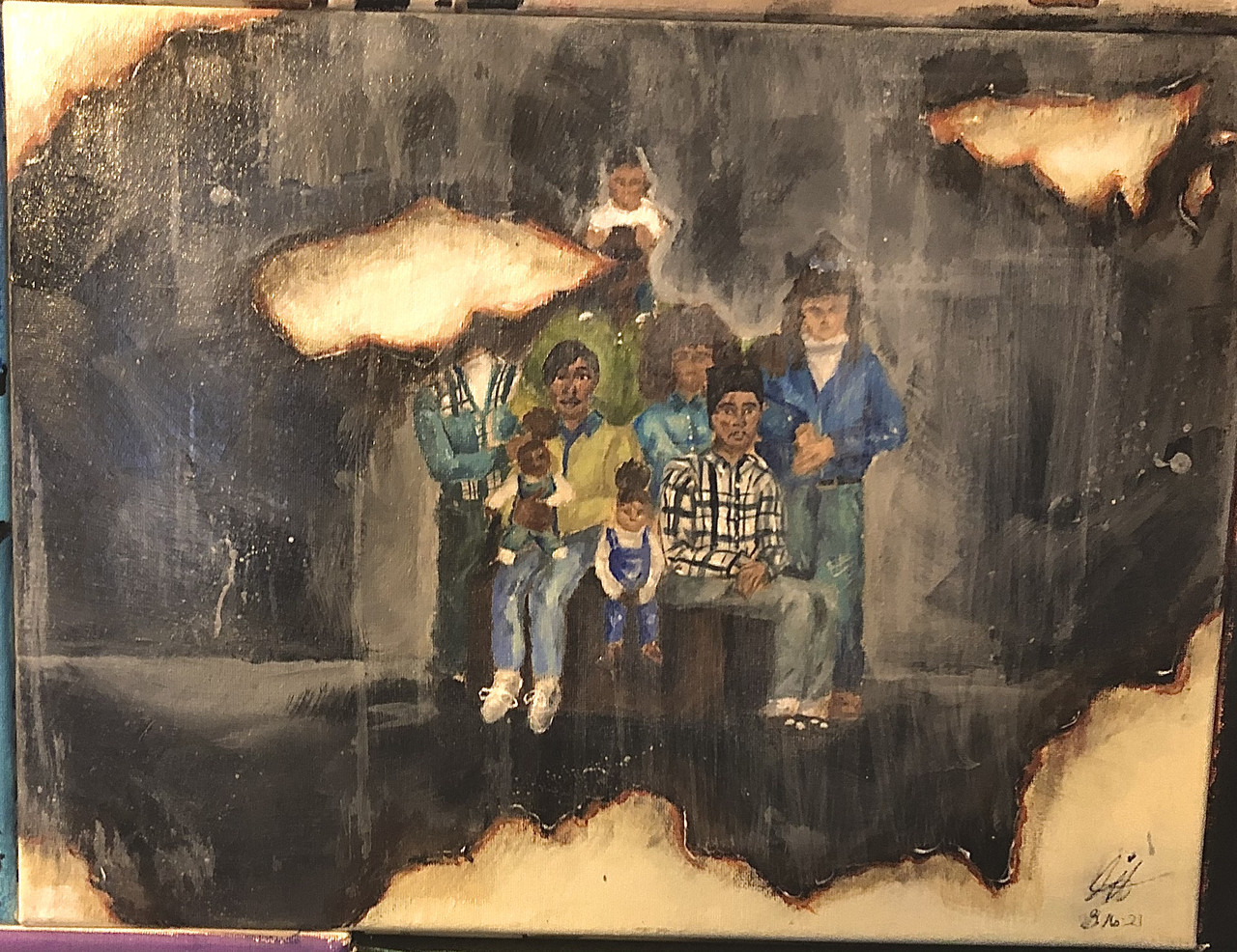 A painting of a family set against a dark background