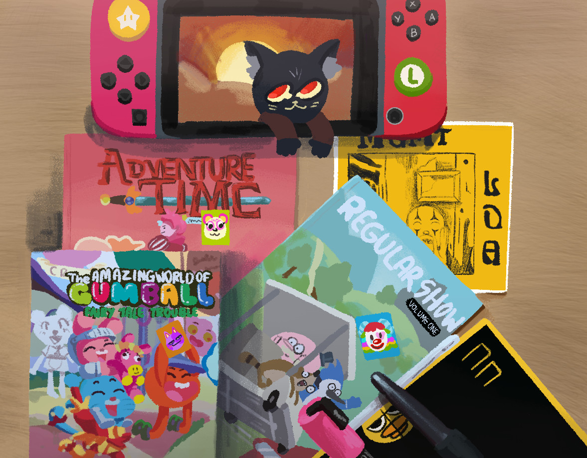 Digital drawing of book covers and a gameboy