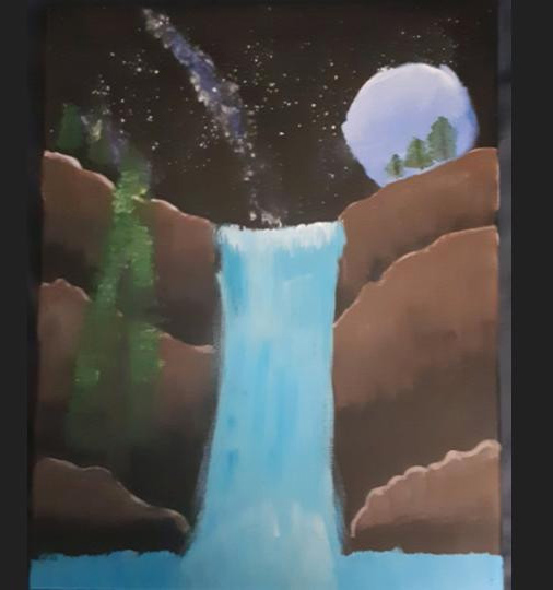 Painting of a waterfall with a night sky