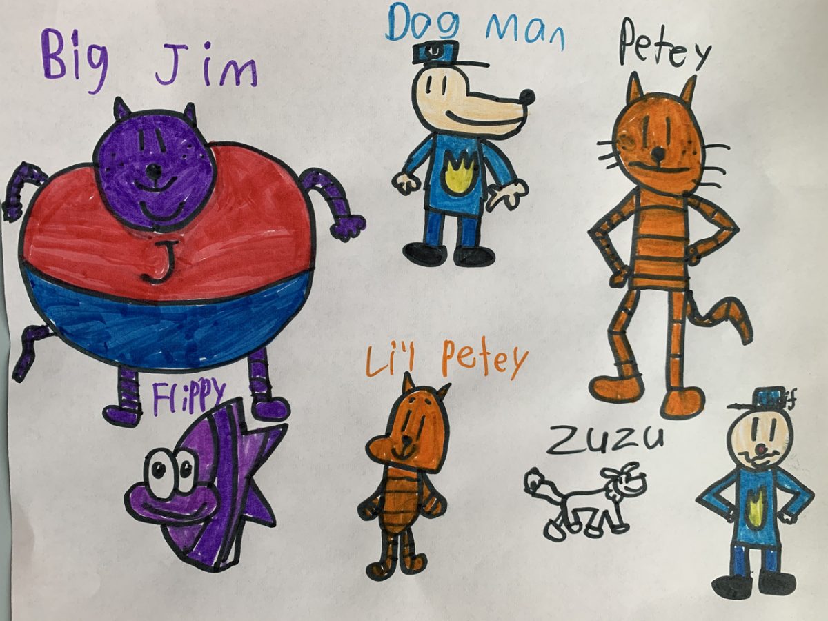 Marker drawings of characters from Dog Man cartoon, mostly dogs and cats