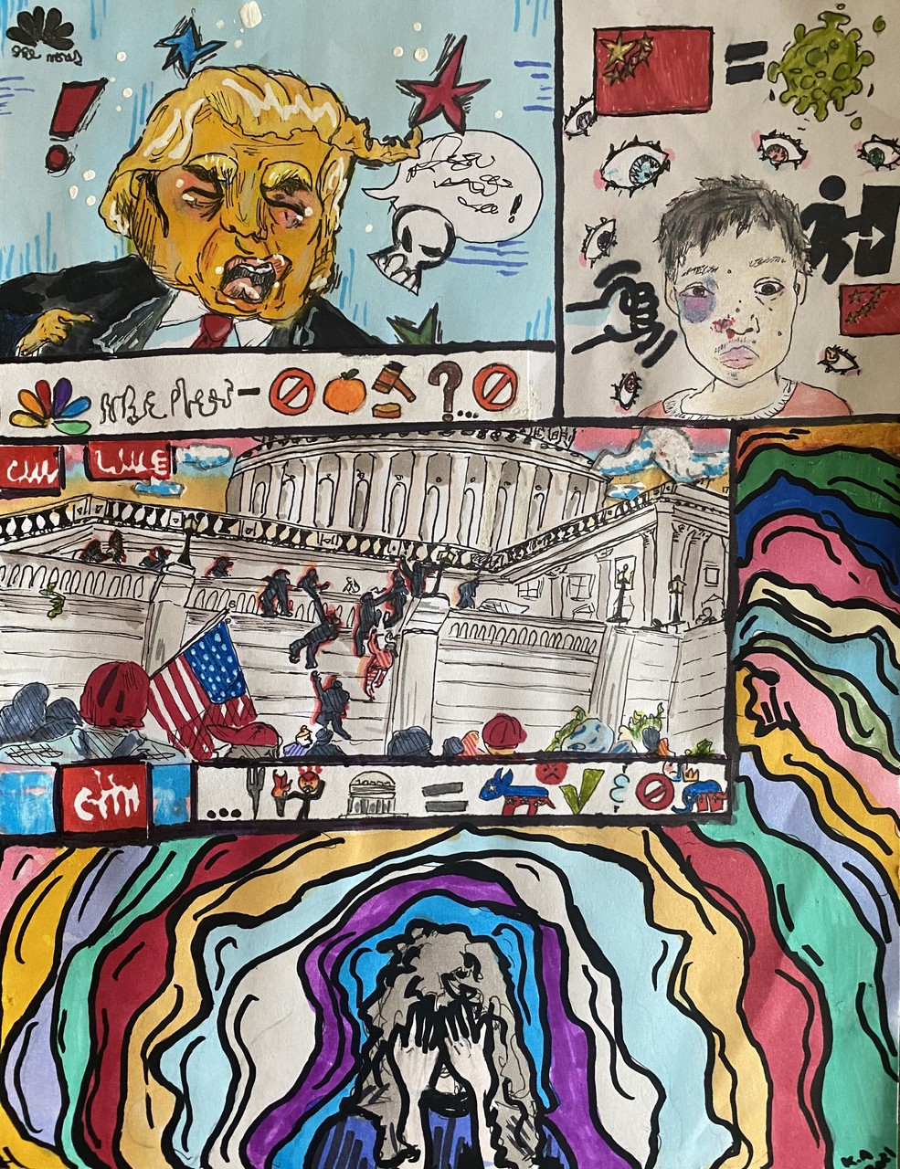 A drawing of a figure covering their face with compartments of troubling events from 2020 and 2021 above.