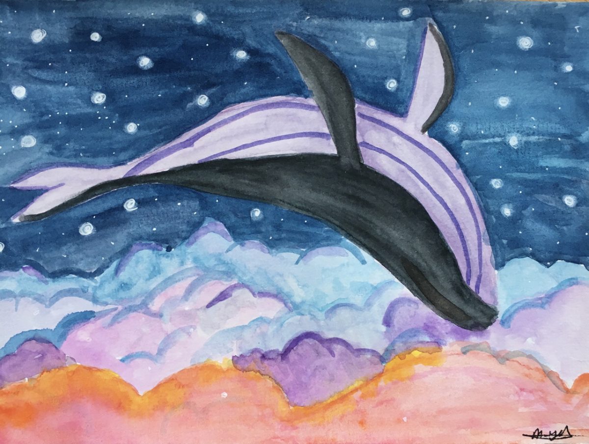 Watercolor painting of a humpback whale upside down swimming in the sky