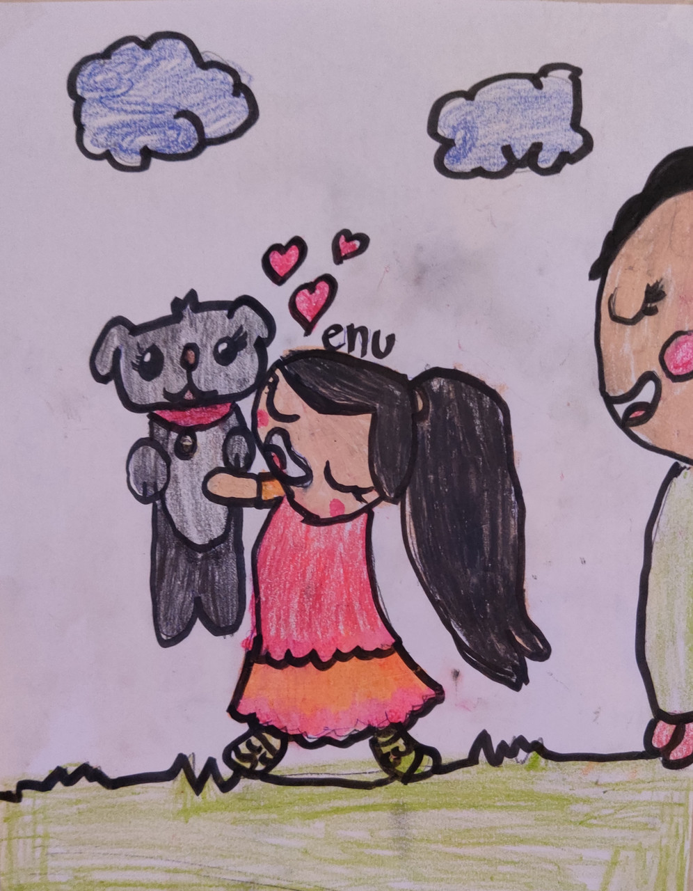 A drawing of a girl holding a puppy