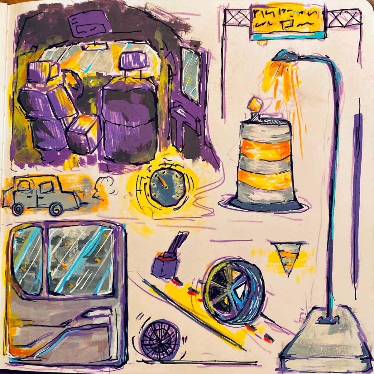 Yellow and purple drawing of street poles, traffic cones, and more.