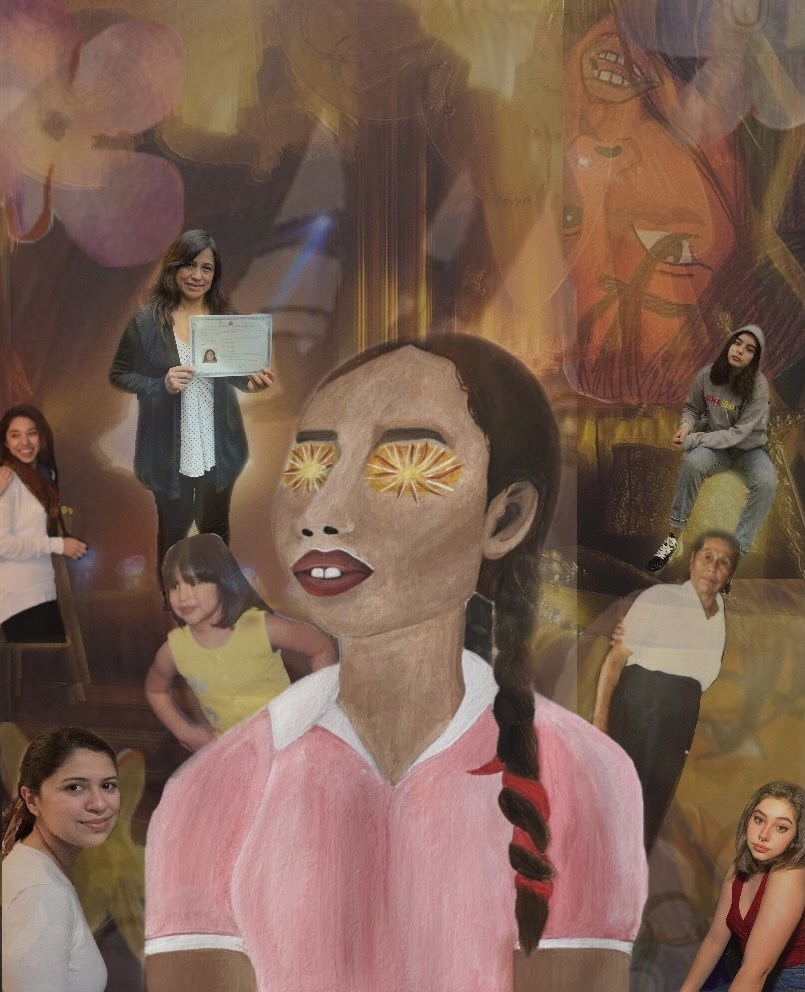 Mixed media collage of a girl with yellow on her eyes and people in the background