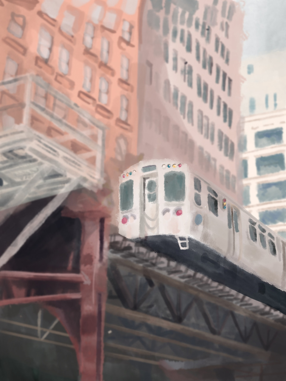 An image of a train on elevated tracks with buildings in the background.
