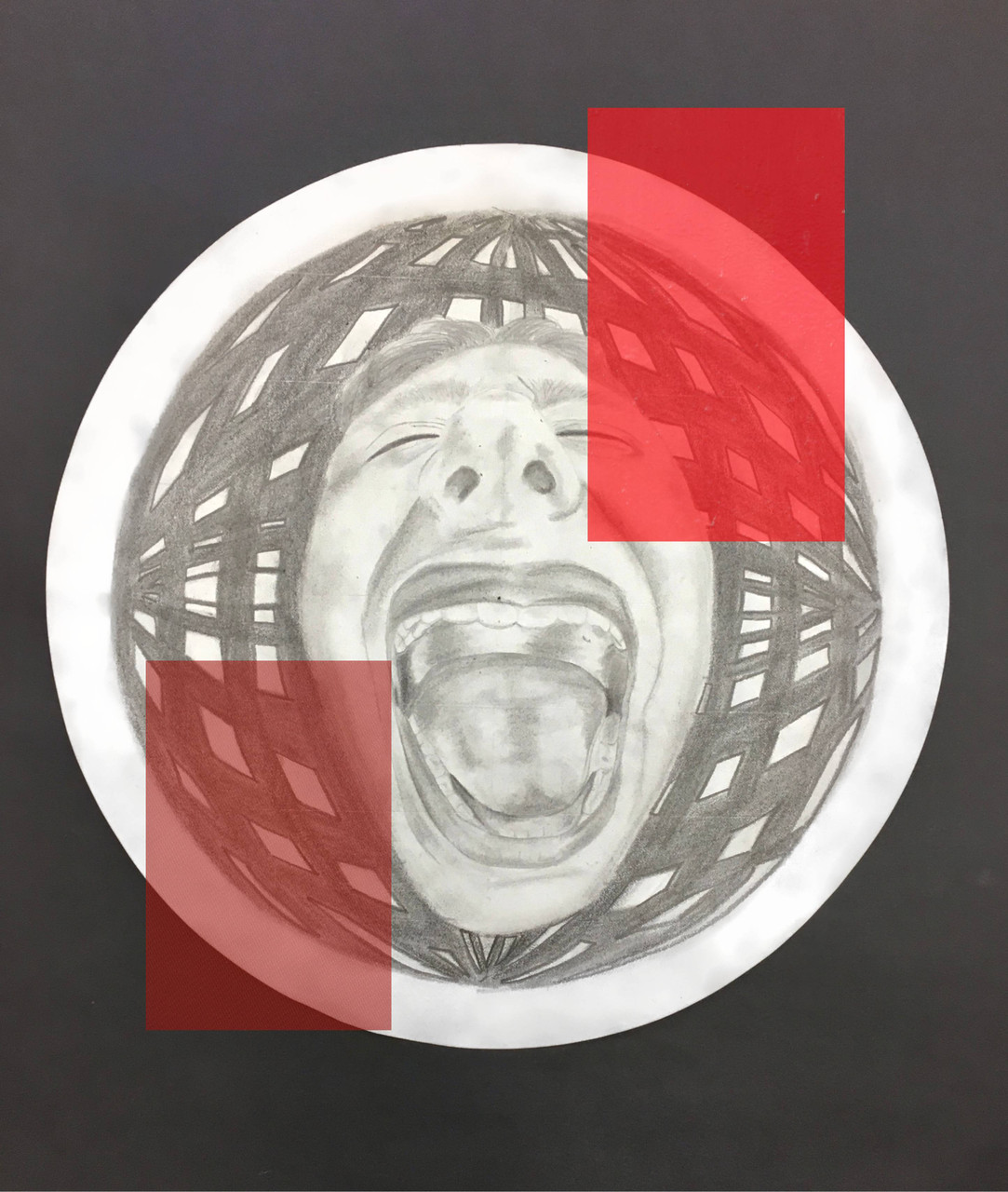 Drawing of a girl screaming with two red rectangles