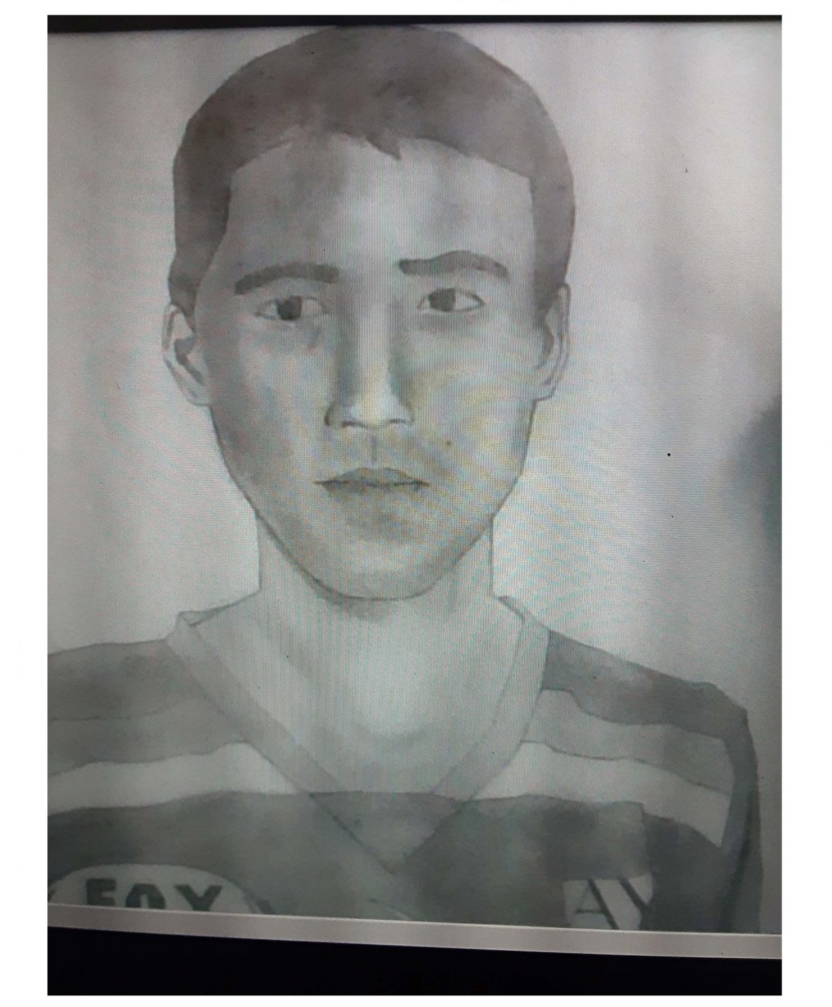 Graphite self-portrait drawing of a boy with a striped shirt