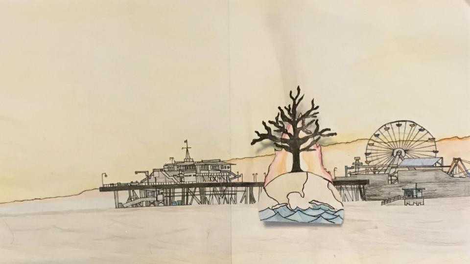 Black and white drawing with a tree and pier