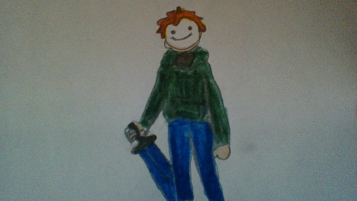 Drawing of a boy holding a sword with orange hair