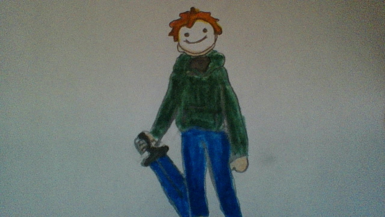 Drawing of a boy holding a sword with orange hair