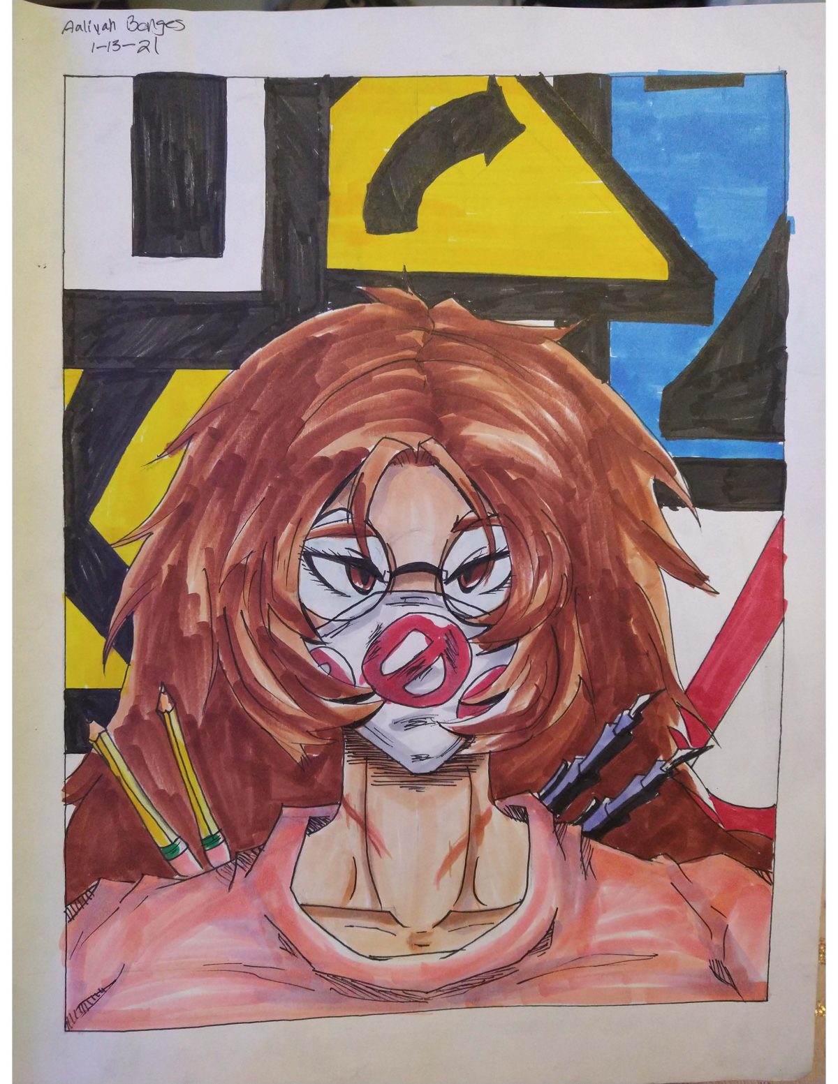 A drawing of a girl wearing a white mask with a red circle with a line through it