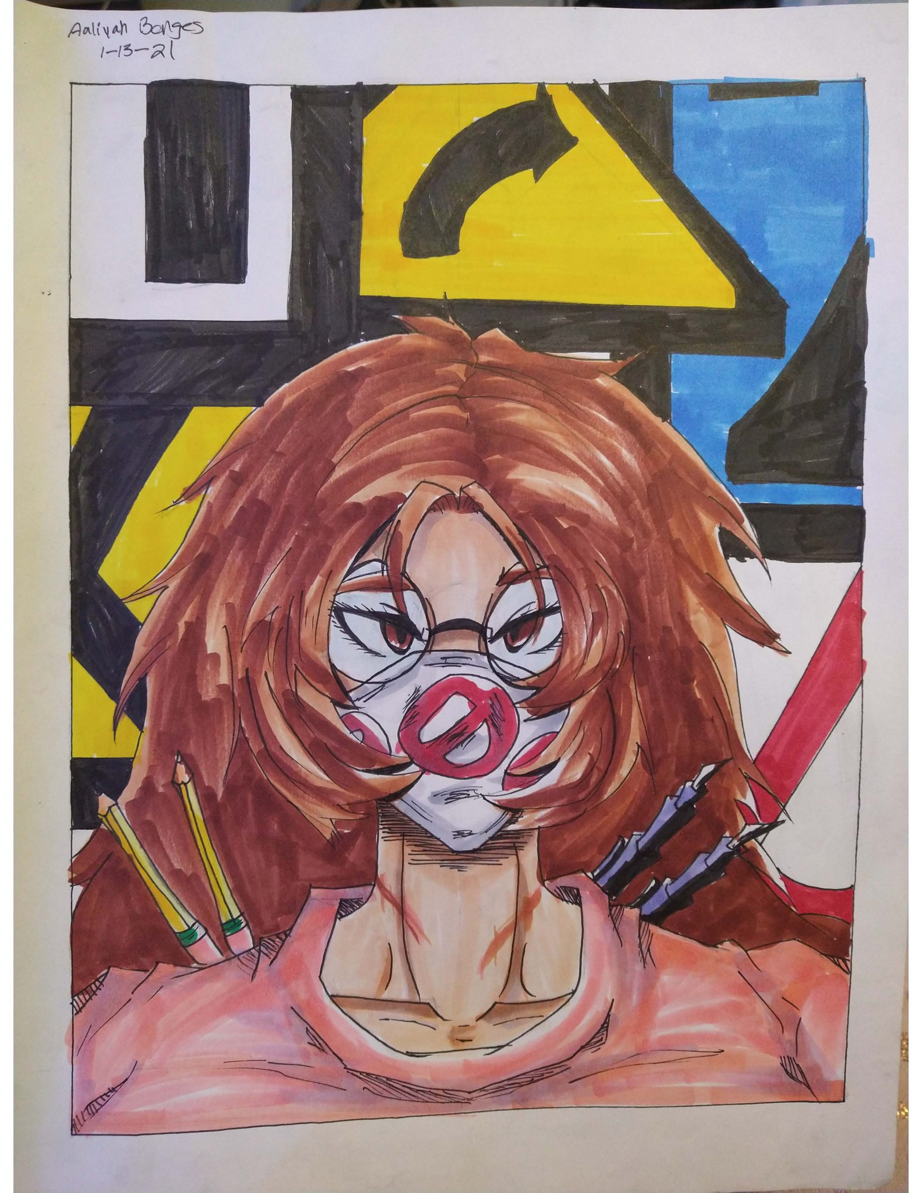 A drawing of a girl wearing a white mask with a red circle with a line through it