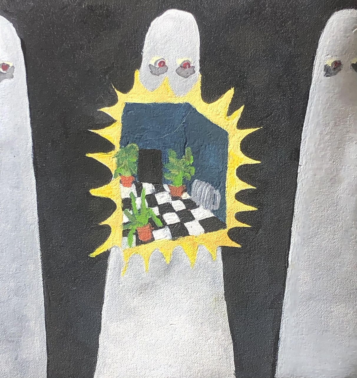 Three ghosts holding a glowing cube with a room inside of it.