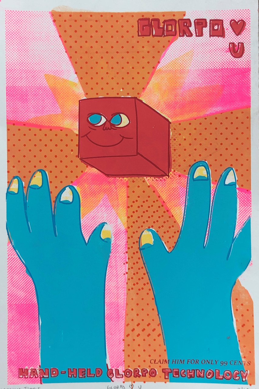 Two blue hands raising toward a red cube with a smiley face